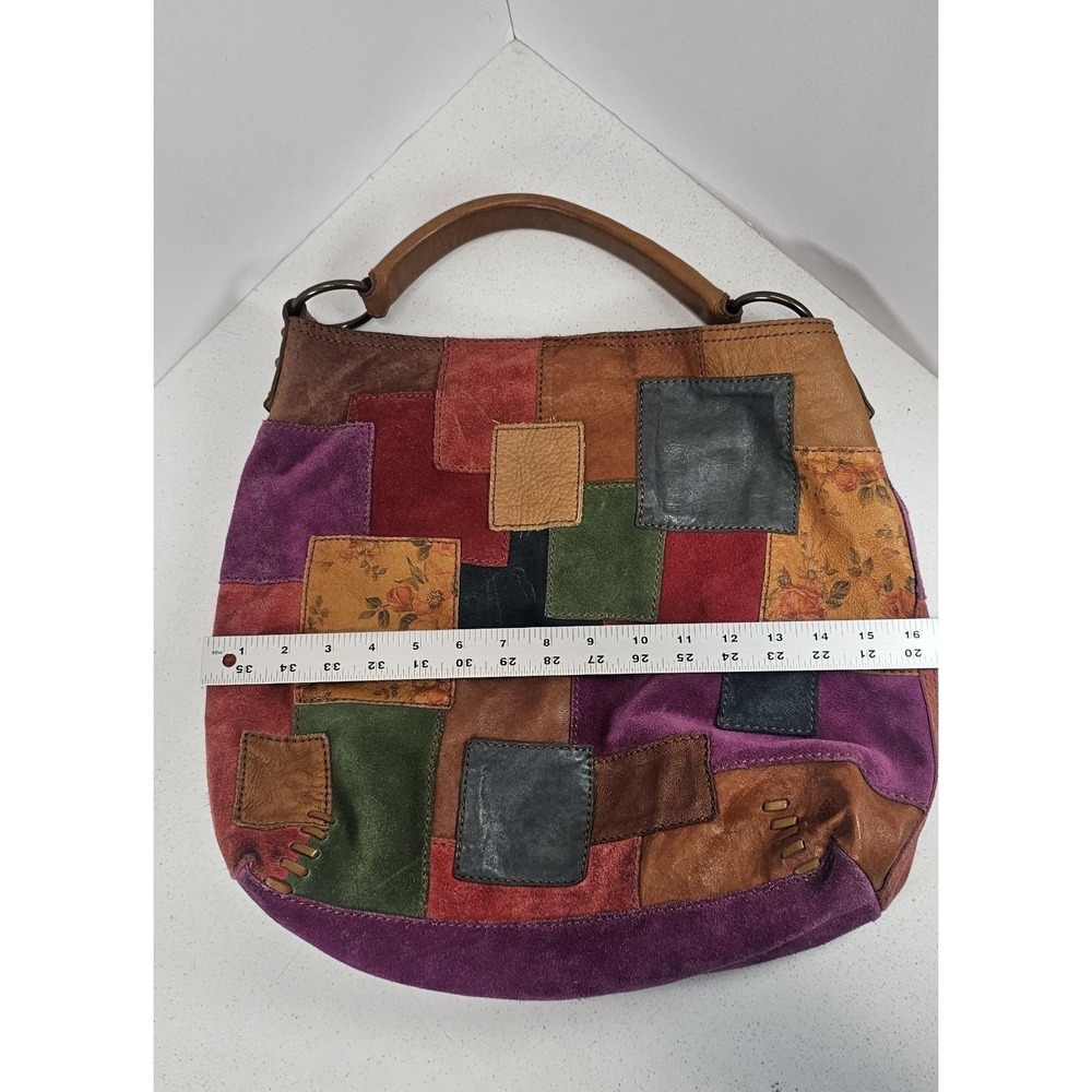VTG Lucky Brand Y2K Boho Patchwork Leather Suede Hobo Bag Multicolor Magnet - Picture 10 of 10